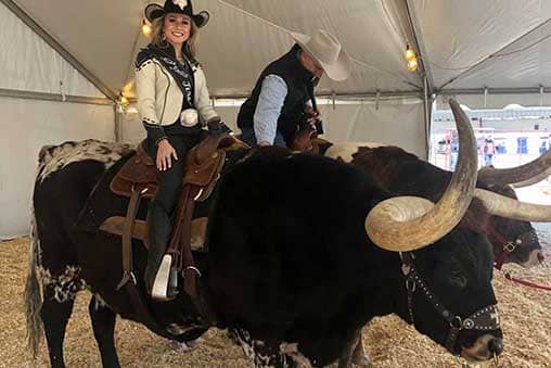 Woman riding a live texas longhorn steer rental from crosstranch for corporate events and photo opps